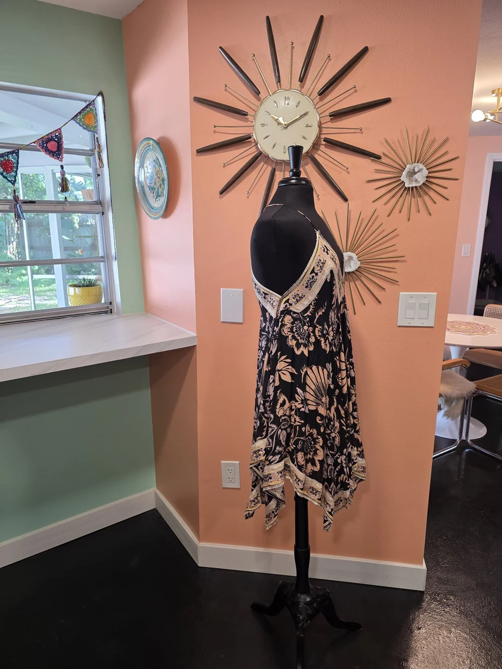 Free People Bali Seashell Scarf Print Dress Black and Blush Floral Mini Dress